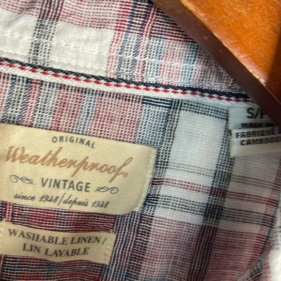 WEATHERPROOF NWT Mens Linen Red Plaid Short Sleeve Button Down Shirt Preppy S - Picture 9 of 13
